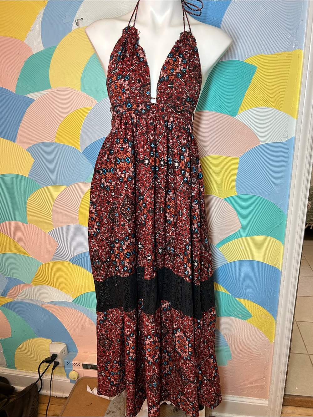 Meghan Boho Halter Maxi Dress in Burgundy Floral